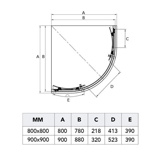 Technische Zeichnung einer Duschkabine mit Maßangaben.