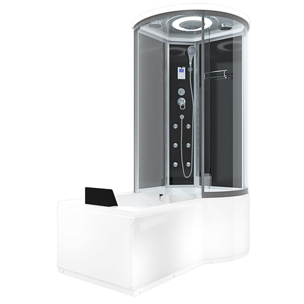 Kombinierte Dusch- und Badewanne mit Glasduschkabine, Massagejets, Handbrause und integrierter Beleuchtung.