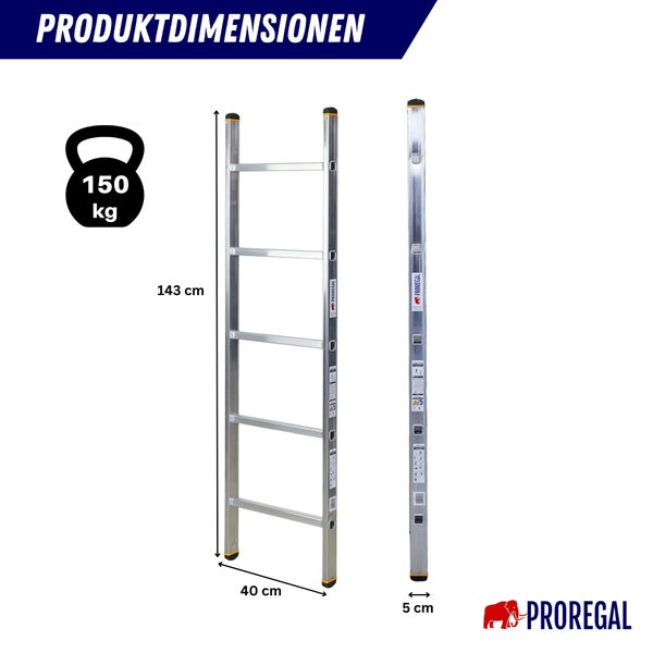 Abmessungen einer Sprossenleiter mit einer maximalen Belastbarkeit von 150 Kilogramm und dem Proregal Logo