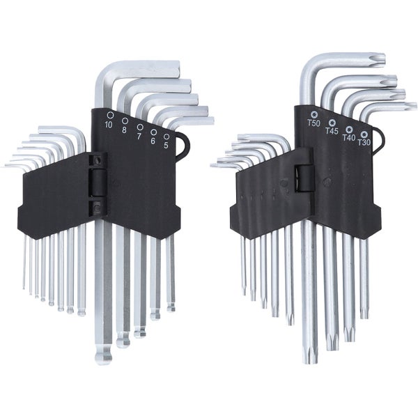 KS Tools Winkelstiftschlüssel-Satz, 22-teilig, mit Innensechskant- und Torx-Schlüsseln in Kunststoffhaltern in einer Blisterverpackung.