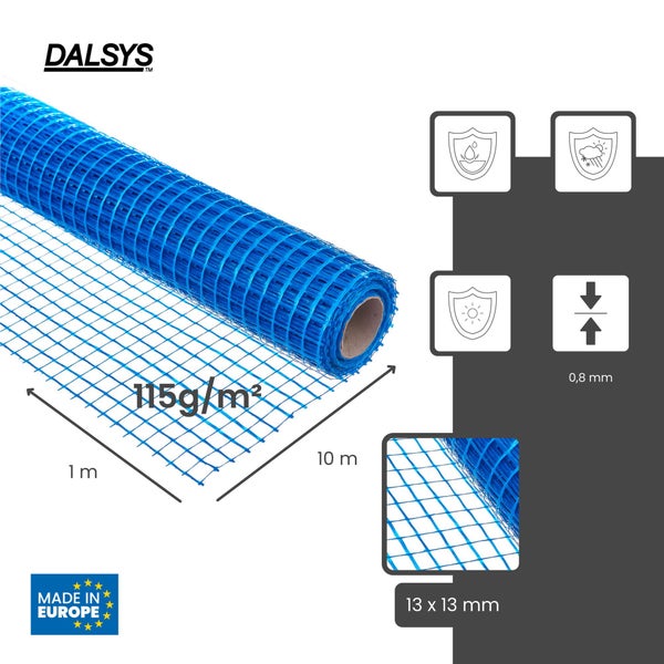 Dalsys Logo, blaues Armierungsgewebe, 115 Gramm pro Quadratmeter, 1 mal 10 Meter, Maschenweite 13 mal 13 Millimeter, wetterfest, Europa.