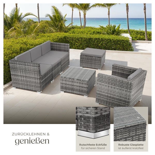 Rattan Lounge tectake Lignano variabel aufstellbar für 4 bis 5 Personen grau