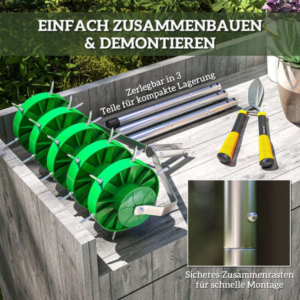 Gartengerät zum einfachen Zusammenbauen und Demontieren mit drei Teilen zur kompakten Lagerung und sicherer Verrastung für schnelle Montage