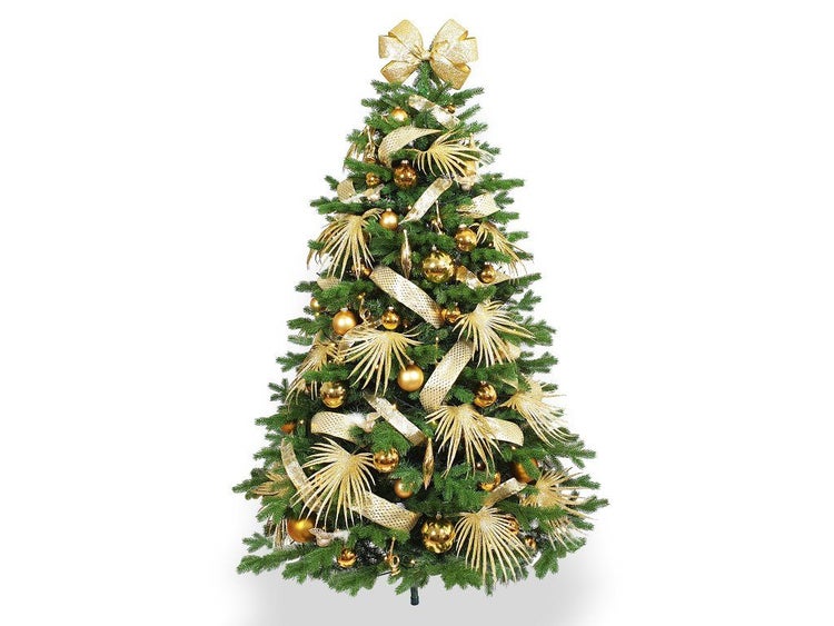 Geschmückter künstlicher Weihnachtsbaum mit Kugeln, Bändern und weihnachtlicher Dekoration