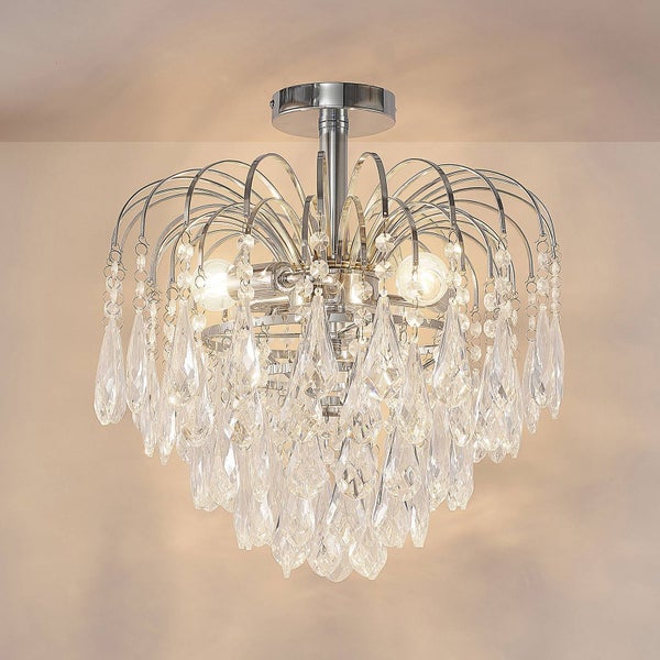 Deckenleuchte mit verchromtem Metallgestell und Kristallanhängern