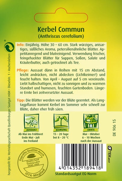 Rückseite der Samentüte Kerbel Commun mit Anbauhinweisen zu Aussaat, Keimung und Ernte sowie Pflegetipps und Verwendung.