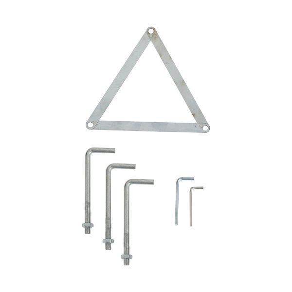 Befestigungsset aus dreieckigem Metallwinkel, drei L-Ankerbolzen mit Muttern und zwei Inbusschlüsseln.