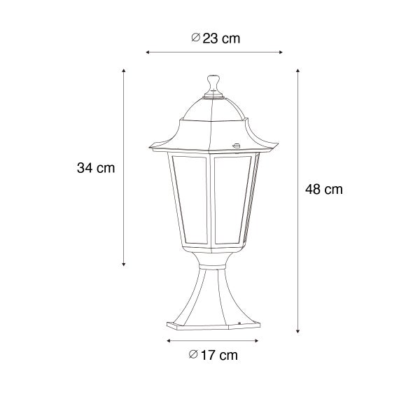 Technische Zeichnung einer Sockelleuchte mit Maßen: Gesamthöhe 48 Zentimeter, Durchmesser 23 Zentimeter und Sockelbreite 17 Zentimeter.