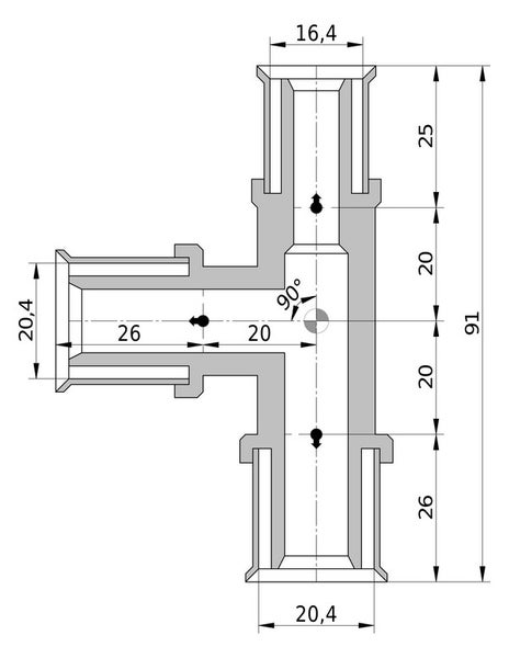 Technische Zeichnung eines T-Stücks mit Maßangaben in Millimeter und einem 90 Grad Winkel.