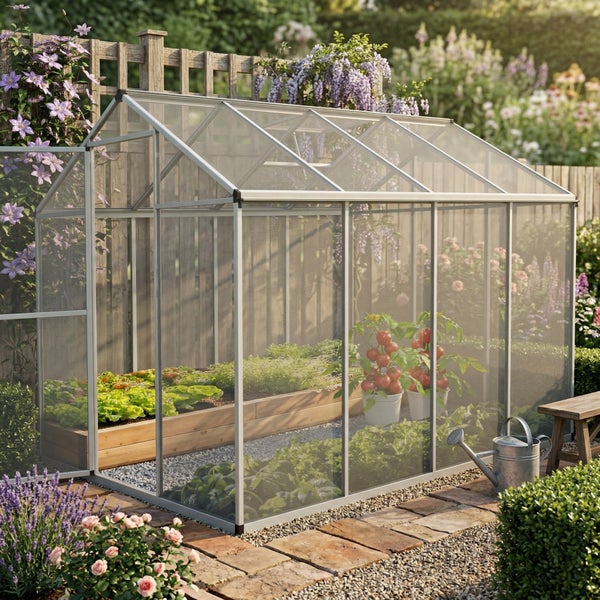 Gewächshaus mit weit geöffneter stabiler Tür, einer Breite von 57 Zentimetern und einer sicheren Verriegelung.