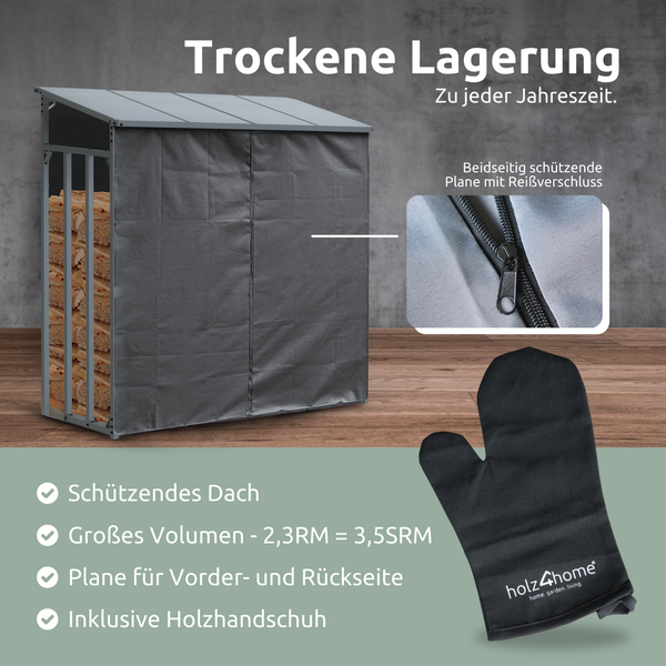 holz4home Kaminholzunterstand XL Metall für Außen 2,3mÂ³ 3,5SRM Anthrazit inkl. Ofenhandschuh