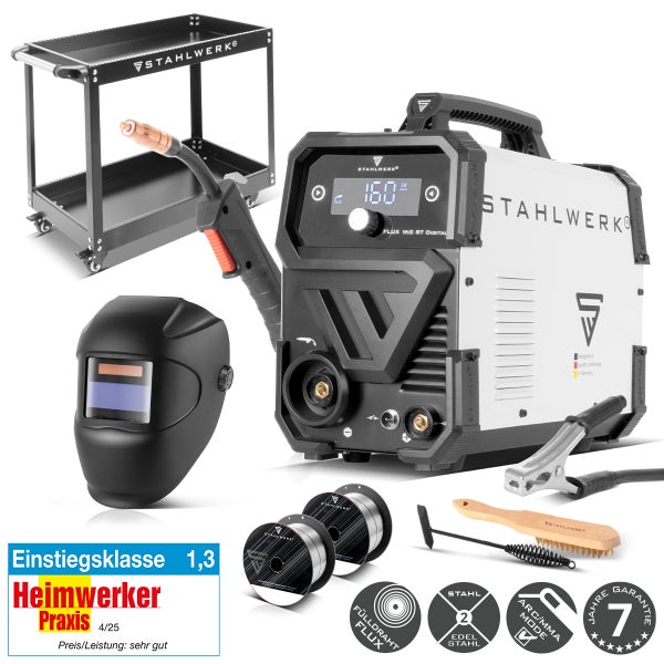 Stahlwerk Fülldraht-Schweißgerät-Set Flux 160 ST Digital mit Schweißwagen, Automatikhelm, Schweißdraht, Zubehör und 7 Jahre Garantie.