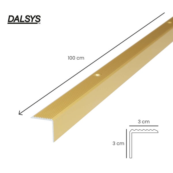 DALSYS Logo. Treppenkantenprofil aus Aluminium in Gold mit Riffelung, 3 mal 3 Zentimeter, Länge 100 Zentimeter.