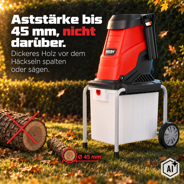 Hecht Gartenhäcksler mit einem Fangbehälter auf einer Wiese, illustriert die maximale Aststärke von 45 Millimetern für den Betrieb.