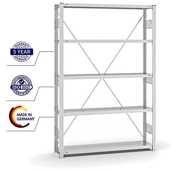 PROREGAL Fachbodenregal Stecksystem T-Profil Heavy-Duty Grundregal HxBxT 200 x 130 x 30 cm 5 Ebenen Fachlast 300 kg Einseitig Nutzbar Lichtgrau