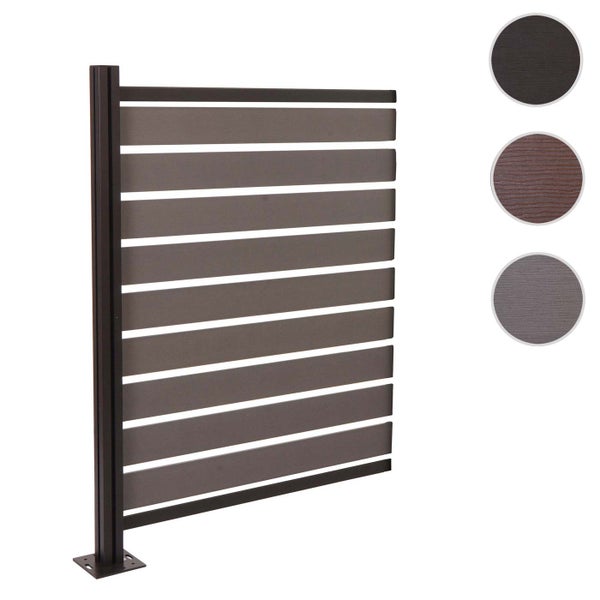 Sichtschutzzaun aus horizontalen Lamellen mit einem Metallpfosten, inklusive drei Farbvarianten für die Lamellen.