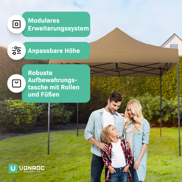 Familie vor einem Pavillon mit modularem Erweiterungssystem, anpassbarer Höhe und robuster Aufbewahrungstasche mit Rollen und Füßen