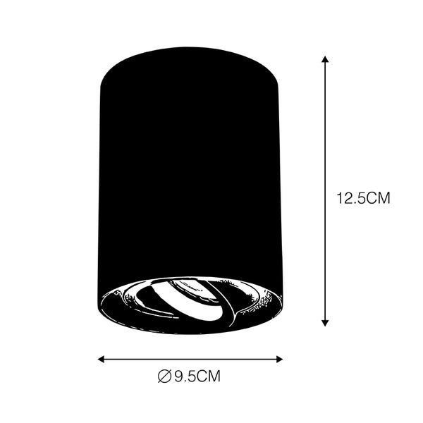 Illustration einer Deckenleuchte mit den Maßen 12,5 cm Höhe und 9,5 cm Durchmesser.