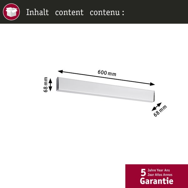Abmessungen der Wandleuchte: 600 Millimeter Länge, 68 Millimeter Höhe und 68 Millimeter Tiefe mit 5 Jahren Garantie.