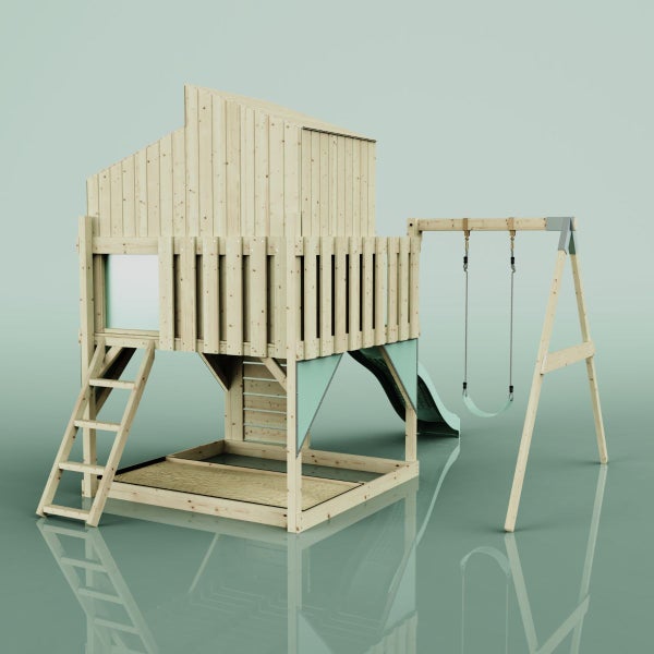 Spielturm mit Rutsche, Schaukel und Sandkasten aus Holz