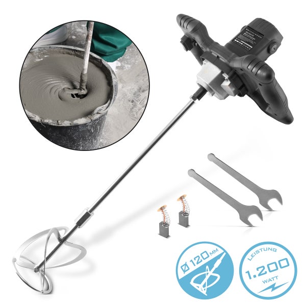 Elektrisches Rührwerk Stahlwerk mit 1200 Watt Leistung, 120 Millimeter Rührstab, zwei Maulschlüsseln und Ersatzkohlebürsten.