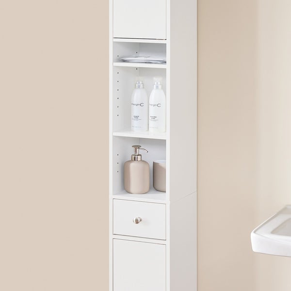 Hoher, schmaler Badezimmerschrank mit Regalen, Schublade und Tür