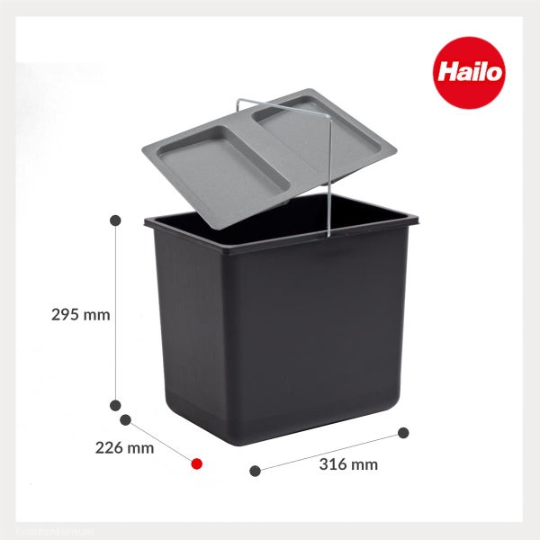 Hailo Mülleimer mit Deckel und Henkel, Maße 295 Millimeter hoch, 226 Millimeter tief und 316 Millimeter breit, Hailo Logo.