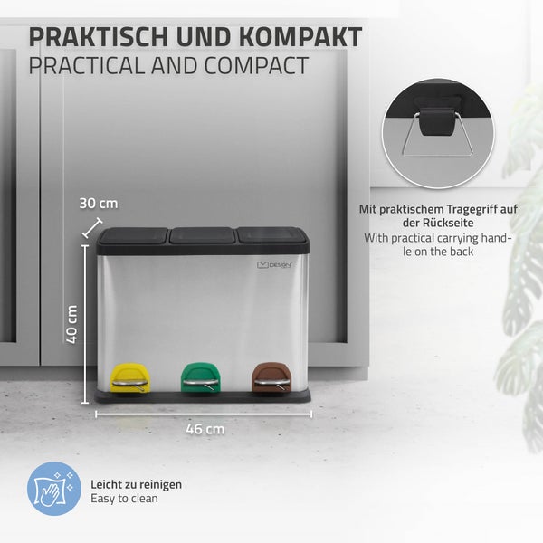 ML-Design Mülleimer Küche 3x 8L (24L), Silber, Mülltrennsystem 3 Fächer, Treteimer zur Mülltrennung, Abfalleimer aus Edelstahl mit Inneneimer aus Kunststoff & Klappdeckel, farblicher Kennzeichnung