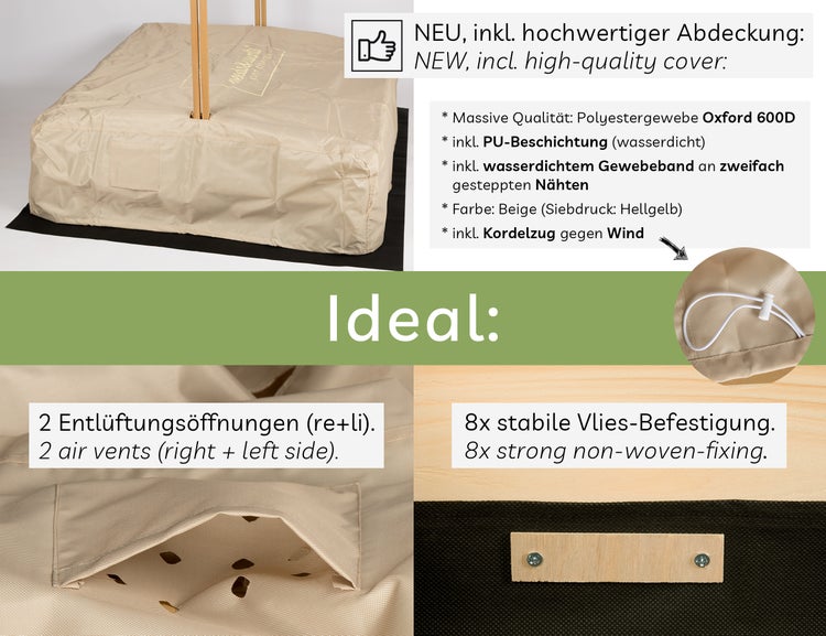 needs&wants® Sandkasten mit Dach Sitzbank und Boden Vlies-Folie, mit Abdeckung Oxford 600D, Sandkiste Holz rechteckig mit Bänken Outdoor Garten Kinder UV-Sonnenschutz, gelb weiß braun