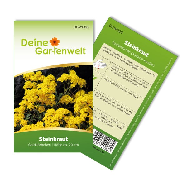 Samentüte für Steinkraut Goldkörbchen von Deine Gartenwelt mit Abbildung gelber Blüten und Anbauhinweisen auf der Rückseite.