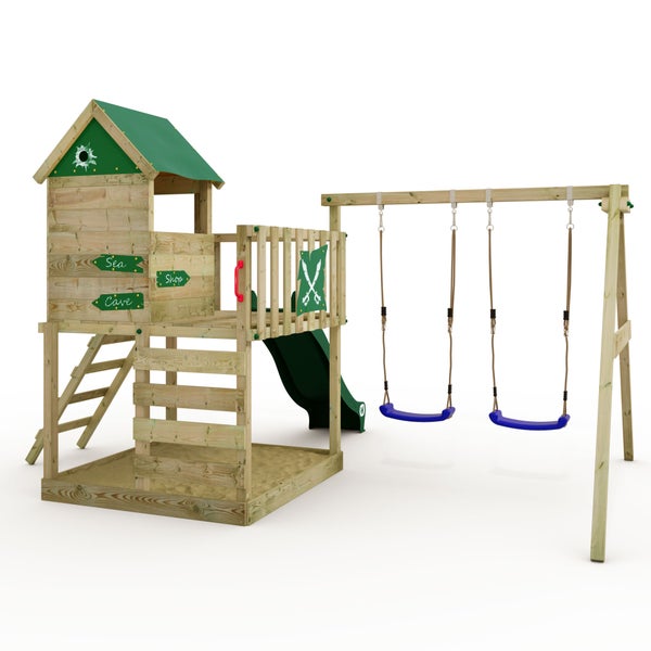 WICKEY Spielturm Klettergerüst Smart Cave mit Schaukel und Rutsche, Baumhaus mit Sandkasten, Kletterleiter und Spiel-Zubehör - grün