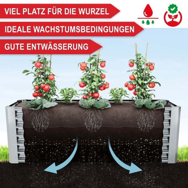 Hochbeet im Querschnitt mit Tomatenpflanzen, viel Platz für Wurzeln, ideale Wachstumsbedingungen und gute Entwässerung.