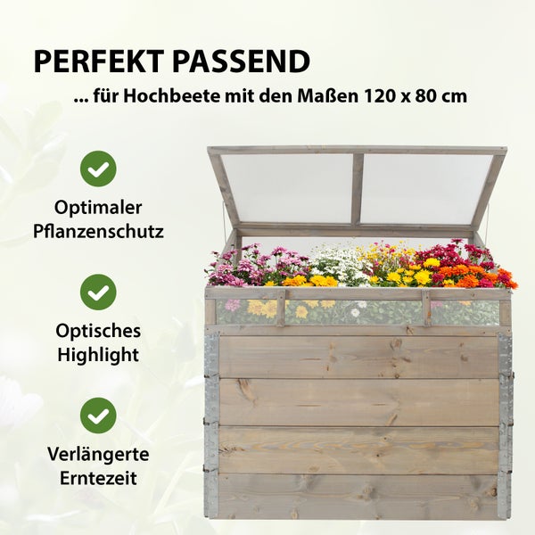 Frühbeetaufsatz aus Holz 120 x 80 cm Frühbeetkasten für Hochbeete Gewächshaus Pflanzkasten in grau