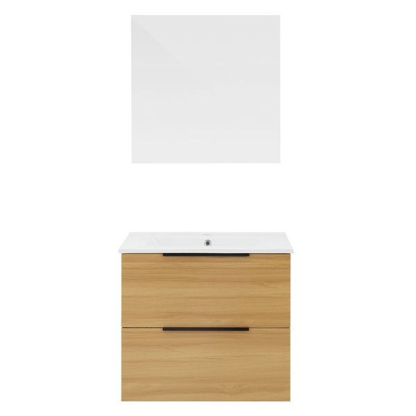 ML-Design Badmöbel-Set 3-teilig, Spiegel 60x60 cm, Unterschrank 60x46,5x53,5 cm, MDF, Braun, Waschbecken 61cm, Keramik, Weiß, modern, Waschtisch, Badezimmermöbel, Badezimmer Möbel, viel Stauraum