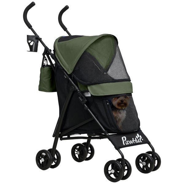 PawHut Hundewagen Hundebuggy klappbar für Hunde & Katzen bis 4 kg Katzenbuggy mit Netzfenstern, Schultergurt, Aufbewahrungstasche, Becherhalter Regenschirm Katzenwagen Dunkelgrün