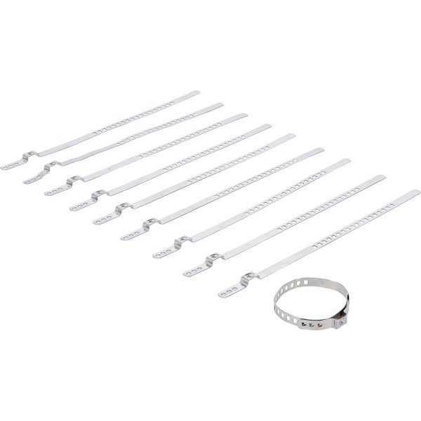 Set aus 10 Universal-Schlauchschellen aus Edelstahl, flache Spannbänder und eine bereits geformte Ringklemme.