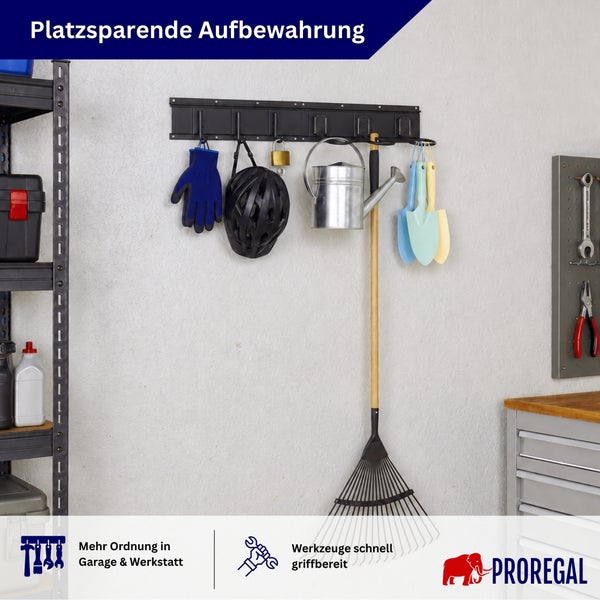 Wandhakenleiste zur platzsparenden Organisation von Werkzeugen und Gartenutensilien in Garage oder Werkstatt inklusive Proregal Logo.