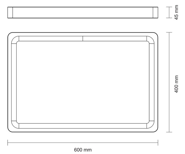 Technische Zeichnung einer rechteckigen Duschwanne mit den Maßen 600 mm Breite, 400 mm Tiefe und 45 mm Höhe.