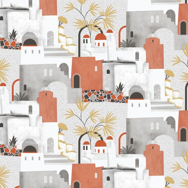 Tapete mit Häusern, Treppen und Pflanzen