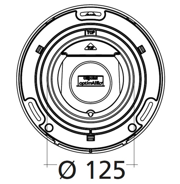 Technisches Symbolbild eines runden OptimAIRo Wandflansch mit einem Durchmesser von 125 Millimeter für Lüftungssysteme