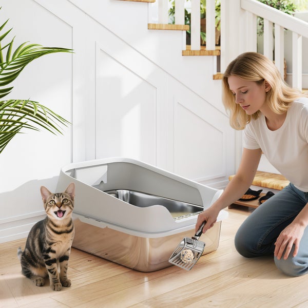 Eine Frau reinigt eine moderne Katzentoilette aus Edelstahl mit einer Metallschaufel in einem hellen Raum neben einer Katze.
