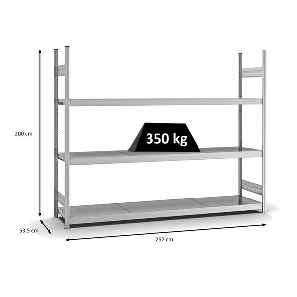 PROREGAL Weitspannregal Stecksystem T-Profil Grundregal HxBxT 200x250x50 cm 3 Ebenen Stahlplatten Fachboden Fachlast 350 kg Verzinkt