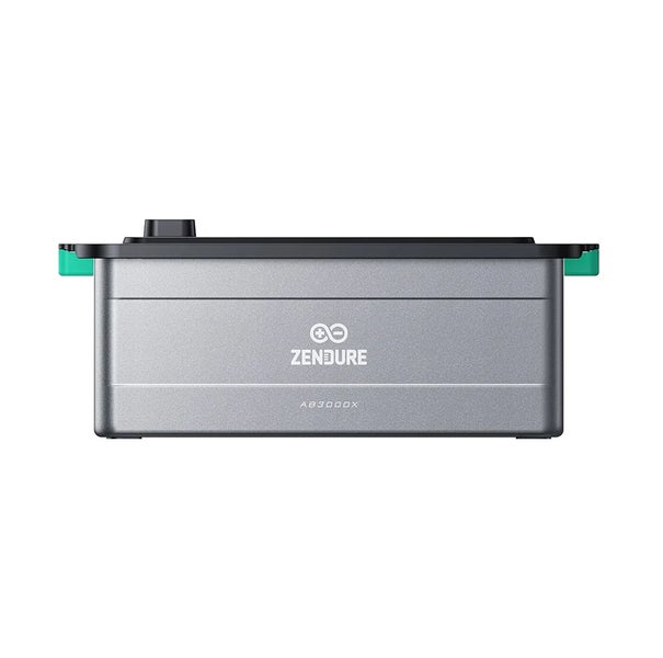 Zendure Zusatzakku SolarFlow AB3000X Speicher für Balkonkraftwerk aus Metall in Grau und Schwarz mit grünen Akzenten.