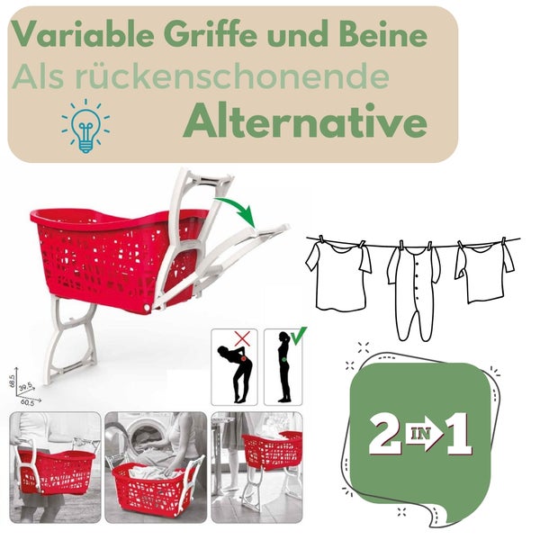 Wäschekorb mit variablen Griffen und Beinen als rückenschonende Alternative