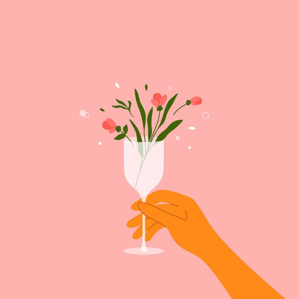 Illustration einer Hand, die ein Glas mit Blumen hält
