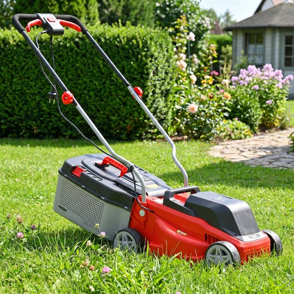 Elektrorasenmäher auf einer Rasenfläche im Garten