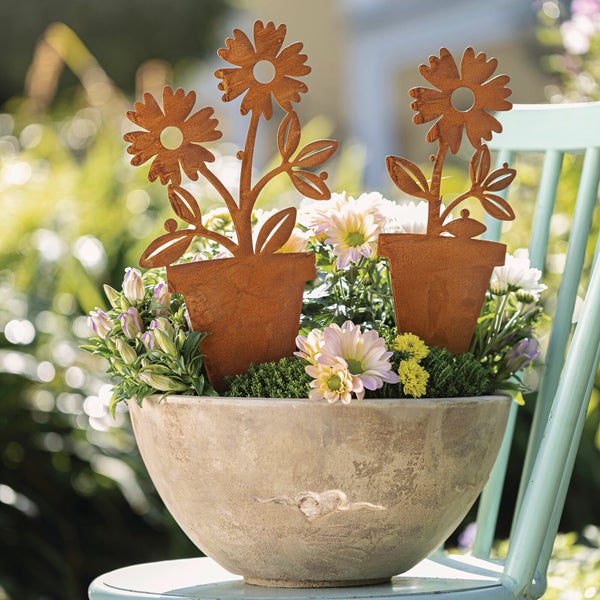 FRANK FLECHTWAREN | Gartenstecker Blume im Topf, 2er Set, METALL, H: 35 cm, H: 40 cm
