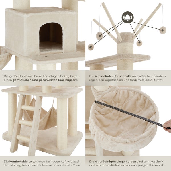 Detailansicht eines beigen Katzenkratzbaums mit Höhle, Spielzeug und Liegeflächen
