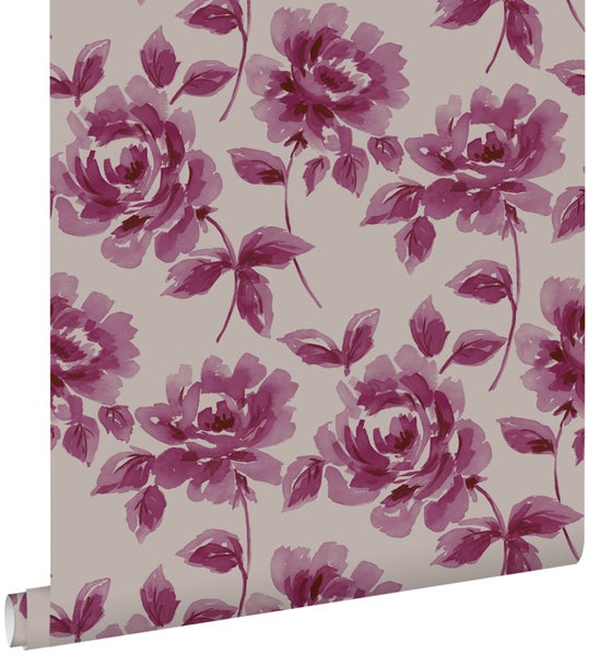 ESTAhome Tapete Aquarell gemalte Rosen Aubergineviolett und Taupe - 53 cm x 10,05 m - 128017