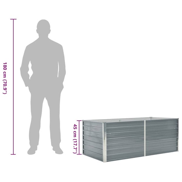 Rechteckiges Hochbeet aus Metall mit einer Höhe von 45 Zentimetern im Größenvergleich zu einer 180 Zentimeter großen Person.